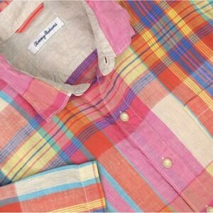 Tommy Bahama Shirt Mens XL Multicolor Plaid Linen Short Sleeve Button Front